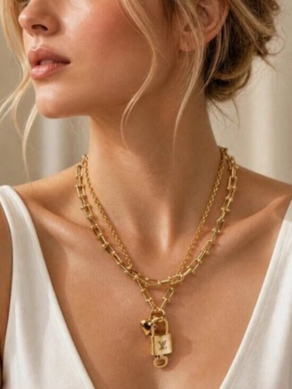 Stainless Steel Gold-Plated Necklace with Authentic Louis Vuitton Padlock